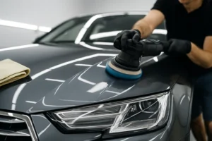 Professionele autopoetsbeurt met polijstmachine op een donkere auto in een detailstudio
