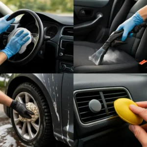 Afbeelding van een professionele interieurreiniging waarbij het stuur en dashboard van een auto grondig worden schoongemaakt, zonder zichtbare tekst of storende elementen