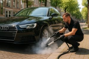 Professionele autodetailer stoomt voorwiel van luxe zwarte auto op straat in Amsterdam