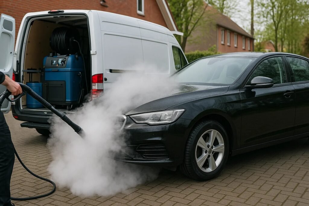 Mobiele autoreiniging met stoom bij een zwarte sedan, uitgevoerd door een servicewagen aan huis