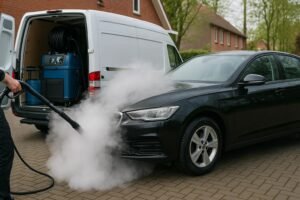 Mobiele autoreiniging met stoom bij een zwarte sedan, uitgevoerd door een servicewagen aan huis