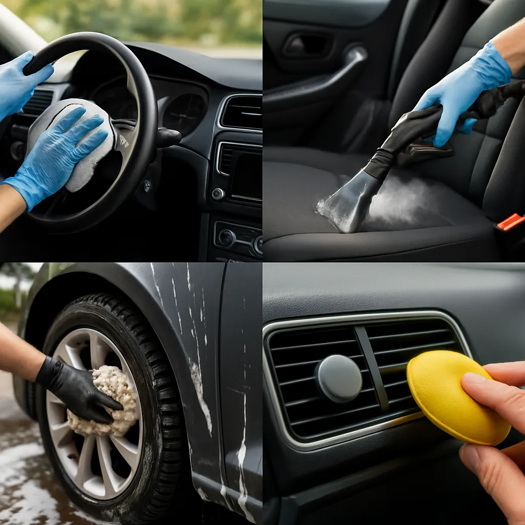 Afbeelding van een professionele interieurreiniging waarbij het stuur en dashboard van een auto grondig worden schoongemaakt, zonder zichtbare tekst of storende elementen