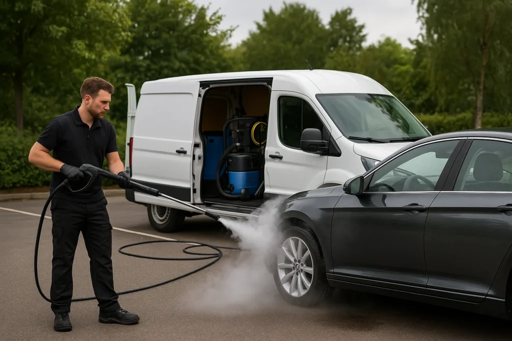 Mobiele autodetailer gebruikt stoomreiniger op grijze sedan naast witte servicebus
