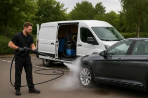 Mobiele autodetailer gebruikt stoomreiniger op grijze sedan naast witte servicebus