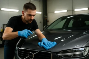Afbeelding van een auto die handmatig wordt gepolijst in een professionele detailing-omgeving, zonder zichtbare tekst of storende elementen