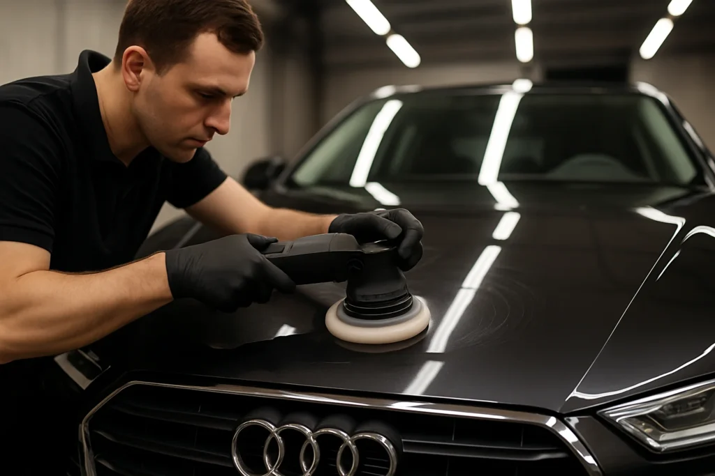 Auto detailer polijst zwarte auto met een professionele polijstmachine in Amsterdamse werkplaats