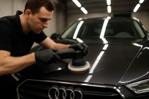 Auto detailer polijst zwarte auto met een professionele polijstmachine in Amsterdamse werkplaats