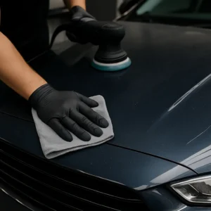 Professionele autoreiniging waarbij een detailer de motorkap van een donkere auto poetst met een microvezeldoek