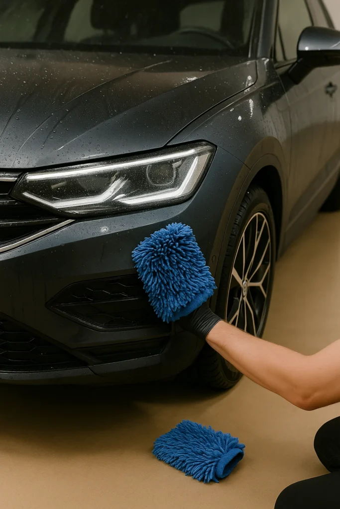Close up van een donkere metallic auto die wordt gewassen met een blauwe microvezelhandschoen.