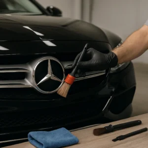 Auto detailer reinigt het chromen embleem van een zwarte auto in Amsterdam