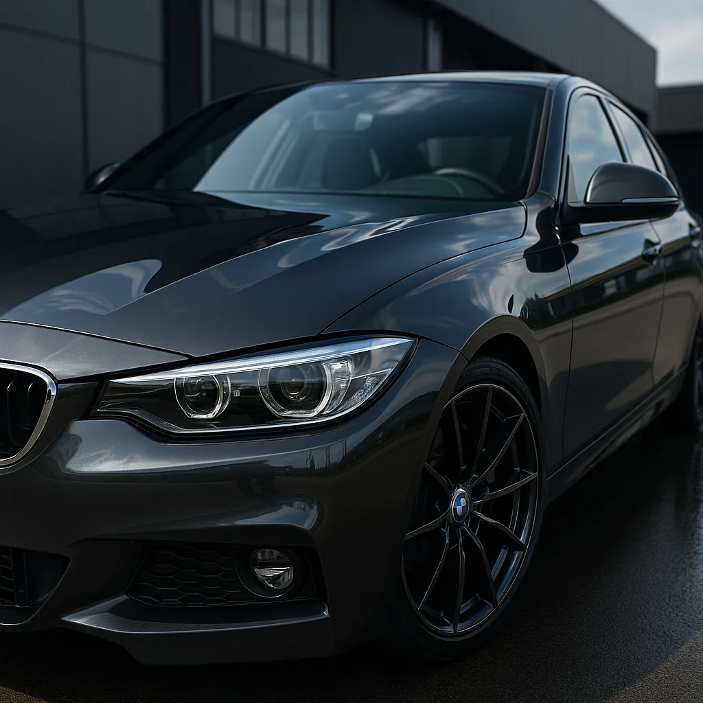 Glanzende zwarte BMW sedan met gedetailleerd zicht op koplamp en voorwiel na professionele autopoetsbeurt