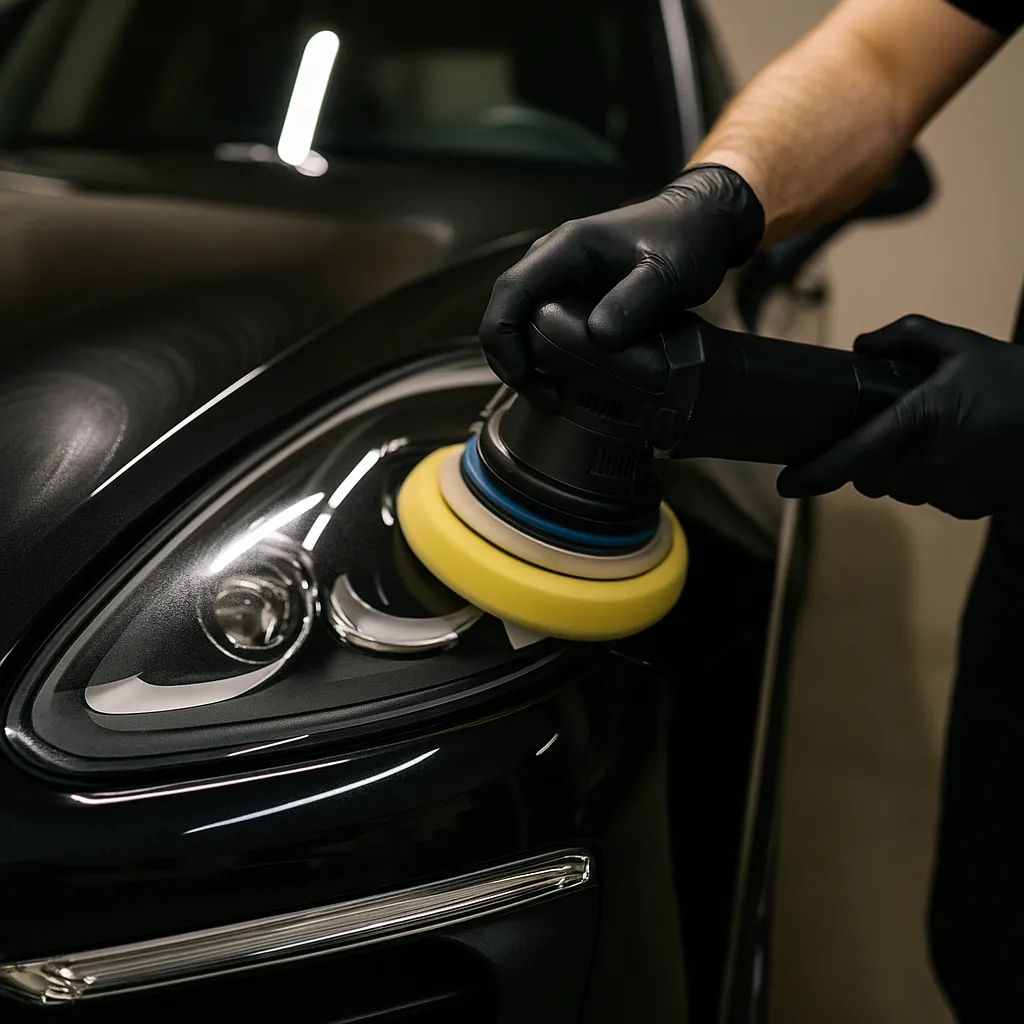 Close-up van een professional die met een polijstmachine de lak van een zwarte auto detailt om hologrammen en poetskringen te voorkomen.