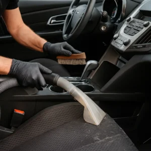 Reinigen van een auto interieur met stofzuiger en borstel om huisdierhaar te verwijderen