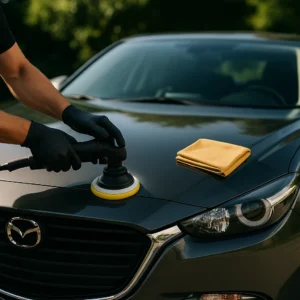 Technicus poetst motorkap van een donkergrijze sedan met microvezeldoek tijdens professionele auto poetsbeurt