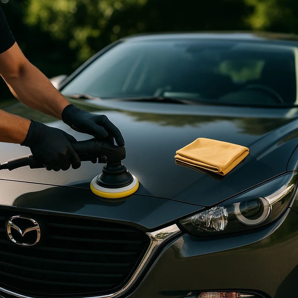 Technicus poetst motorkap van een donkergrijze sedan met microvezeldoek tijdens professionele auto poetsbeurt