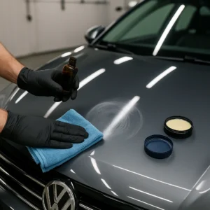 Auto detailer brengt beschermende wax aan op de motorkap met een microvezeldoek en flesje coating.
