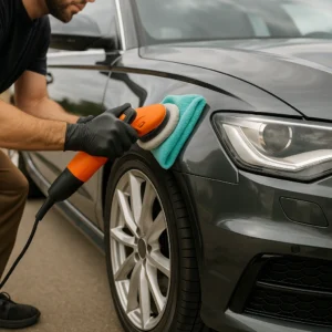 Autopoetser met polijstmachine op metallic grijze auto tijdens detailbehandeling