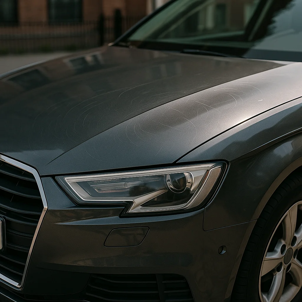 Donkergrijze auto met glanzende lak en subtiele swirl marks op motorkap, geparkeerd buiten.
