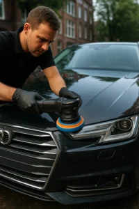 Detailer polijst een auto met een professionele polijstmachine.