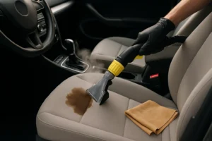 Professionele auto reiniging van autostoel met stoomreiniger door detailer met zwarte handschoenen