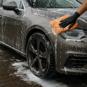 Hand met zwarte handschoen wast een auto met een oranje spons tijdens een grondige schoonmaak.