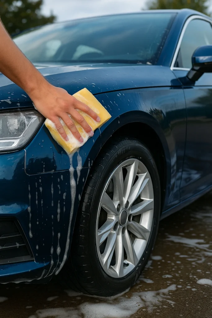 Donkerblauwe auto wordt met gele spons gewassen, sop drupt van spatbord en wiel