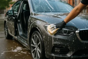 Detailer reinigt een metallic grijze auto met sop en spons.