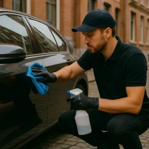 Detailer reinigt auto waterloos met spray en microvezeldoek in Amsterdam