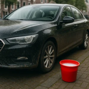 Vuile zwarte auto met sopemmer op Amsterdams straatje
