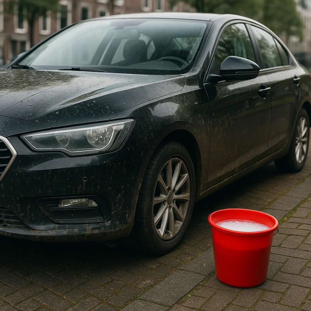 Vuile zwarte auto met sopemmer op Amsterdams straatje