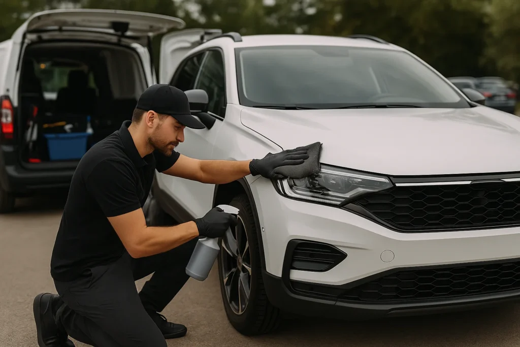 Professionele auto detailer reinigt witte SUV op locatie