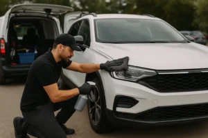 Professionele auto detailer reinigt witte SUV op locatie