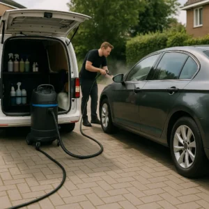 Mobiele autodetailing op locatie met servicebus en professional in actie