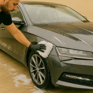 Autopoetser reinigt een donkergrijze sedan met een witte microvezelhandschoen tijdens een handwas.