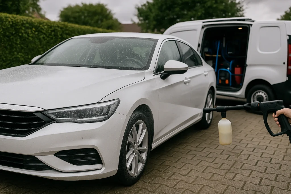 Witte auto wordt professioneel gereinigd met schuim op locatie