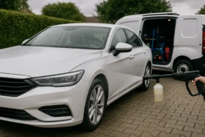 Witte auto wordt professioneel gereinigd met schuim op locatie