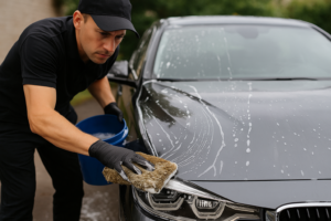 Man poetst auto met sop en microvezeldoek tijdens handwas