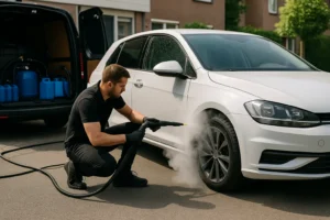 Mobiele autowas met stoom op zwarte sedan voor moderne woning