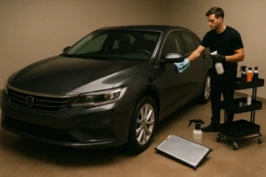 Autopoetser maakt een donkergrijze sedan schoon met blauwe microvezeldoek in een nette garage.