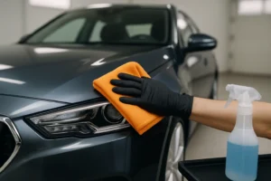 Detailer poetst de motorkap van een donkerblauwe sedan met een oranje microvezeldoek.