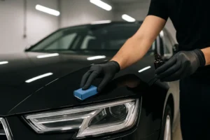 Close-up van een autopoetser die met een blauwe applicatorpad keramische coating aanbrengt op een glanzende zwarte auto in een professionele werkplaats.