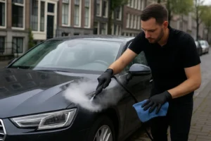 Professionele autodetailer die met stoom een luxe zwarte sedan reinigt op een zonnige Amsterdamse gracht, met karakteristieke grachtenpanden op de achtergrond.