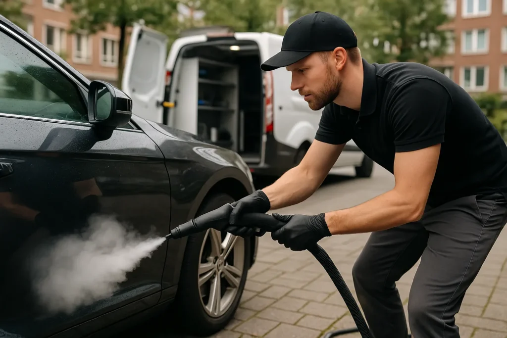Mobiele autodetailer reinigt auto met stoomreiniging op locatie