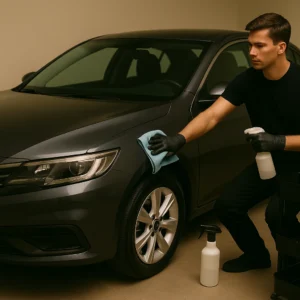 Autopoetser reinigt zorgvuldig de zijkant van een donkergrijze sedan met microvezeldoek en sprayfles.