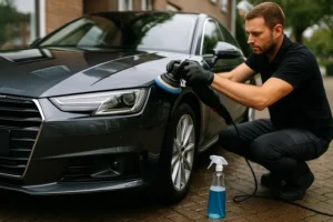 Detailer polijst een donkergrijze sedan met een poetsmachine in een woonstraat.