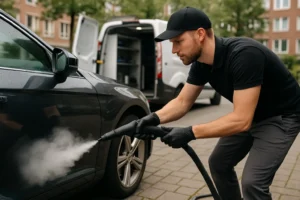 Mobiele autodetailer reinigt auto met stoomreiniging op locatie