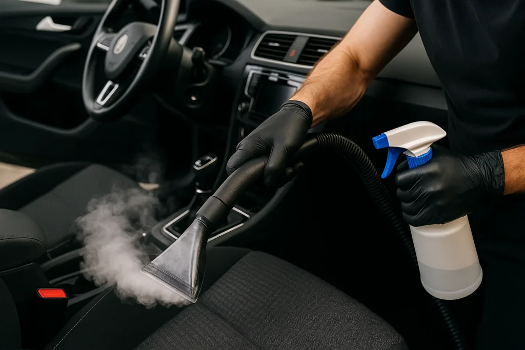 Autostoelreiniging met stoom door specialist