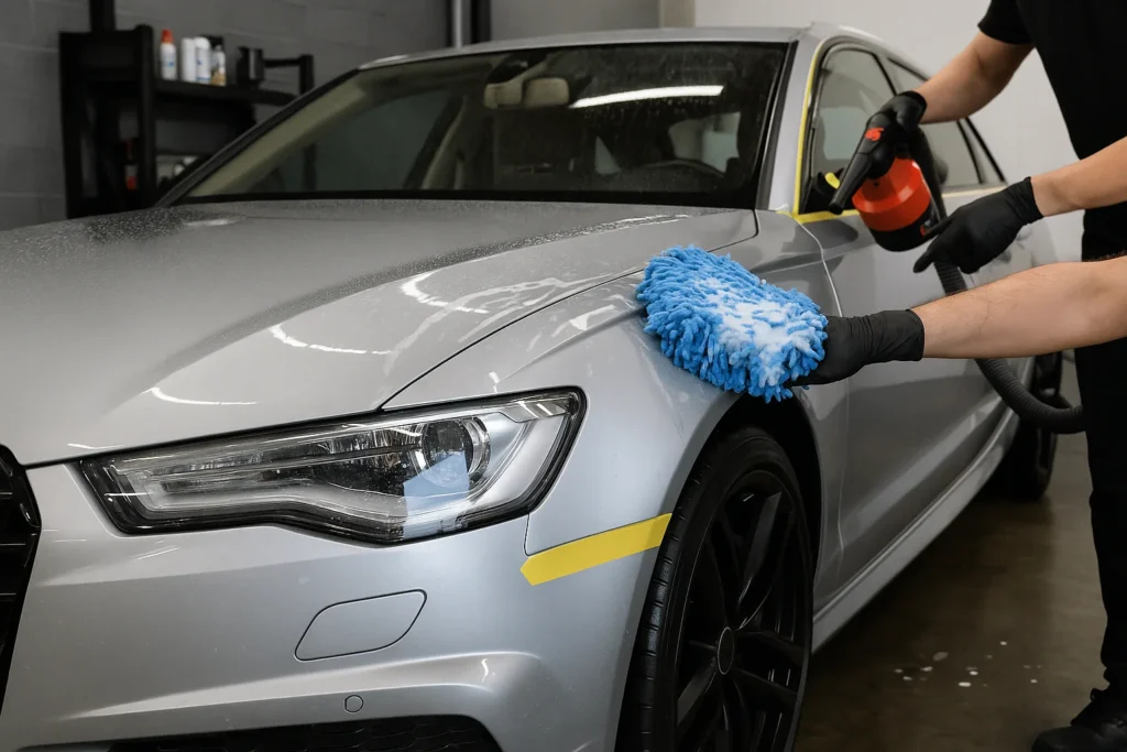 Autopoetser polijst zwarte auto tijdens professionele auto detailing in Amsterdam
