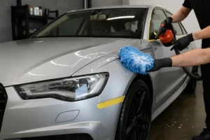 Autopoetser polijst zwarte auto tijdens professionele auto detailing in Amsterdam