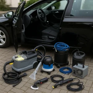 Professionele reinigingsapparatuur naast auto: stoomreiniger, stofzuiger en detailing tools voor interieurreiniging op locatie.